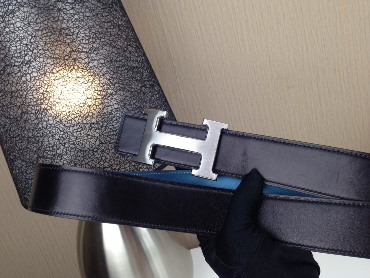 Hermes Litchi grain Sky blue and black H buckle 3.8CM wide