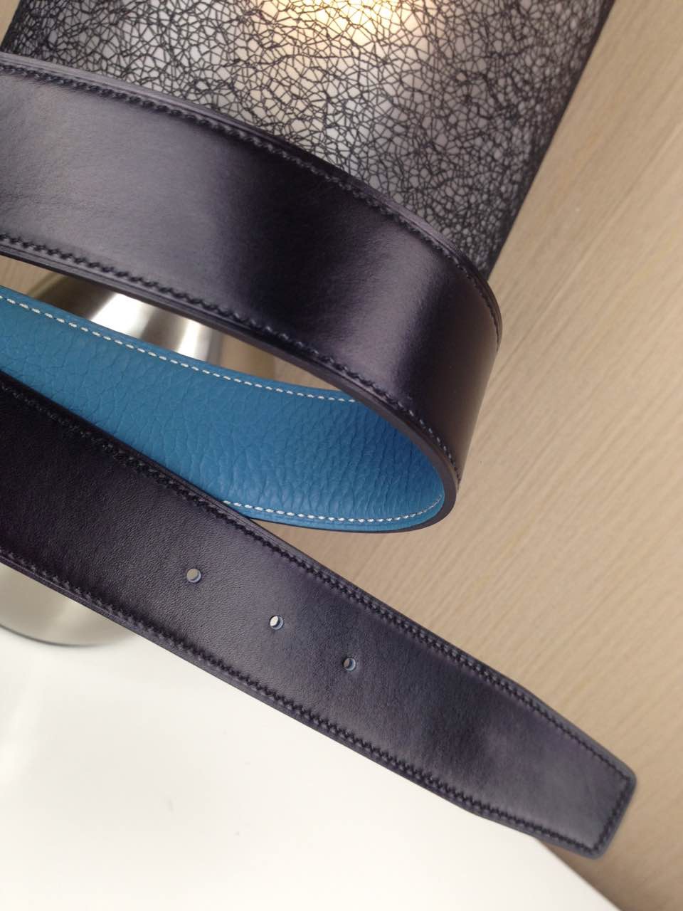 Hermes Litchi grain Sky blue and black H buckle 3.8CM wide