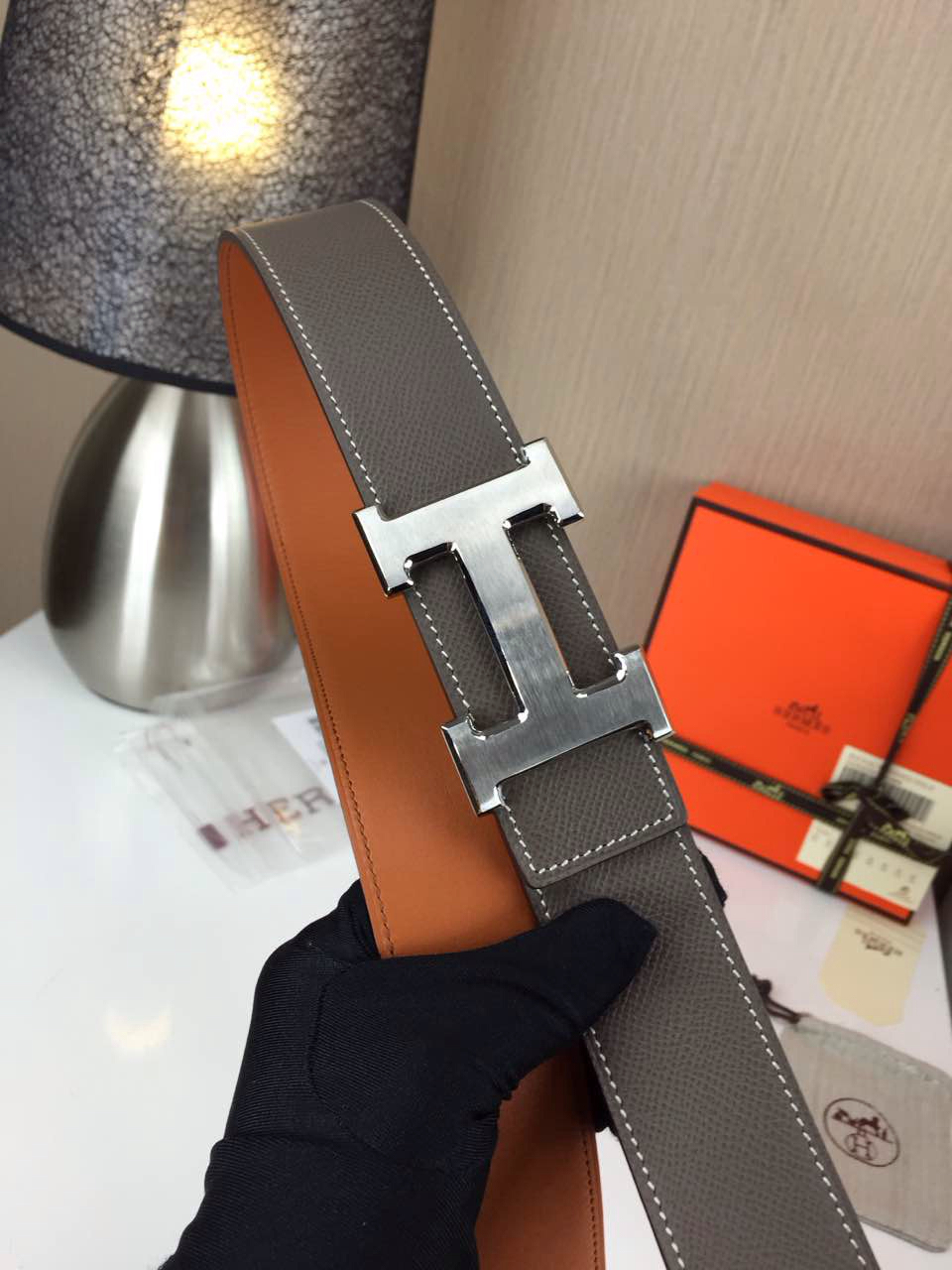 Hermes calfskin four horns brushed gold belt grey and orange Mens 3.8CM wide