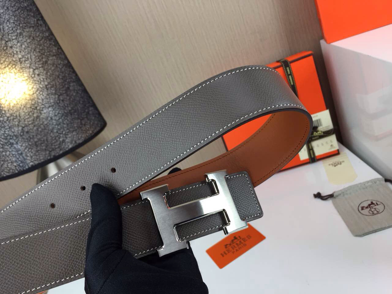 Hermes calfskin four horns brushed gold belt grey and orange Mens 3.8CM wide