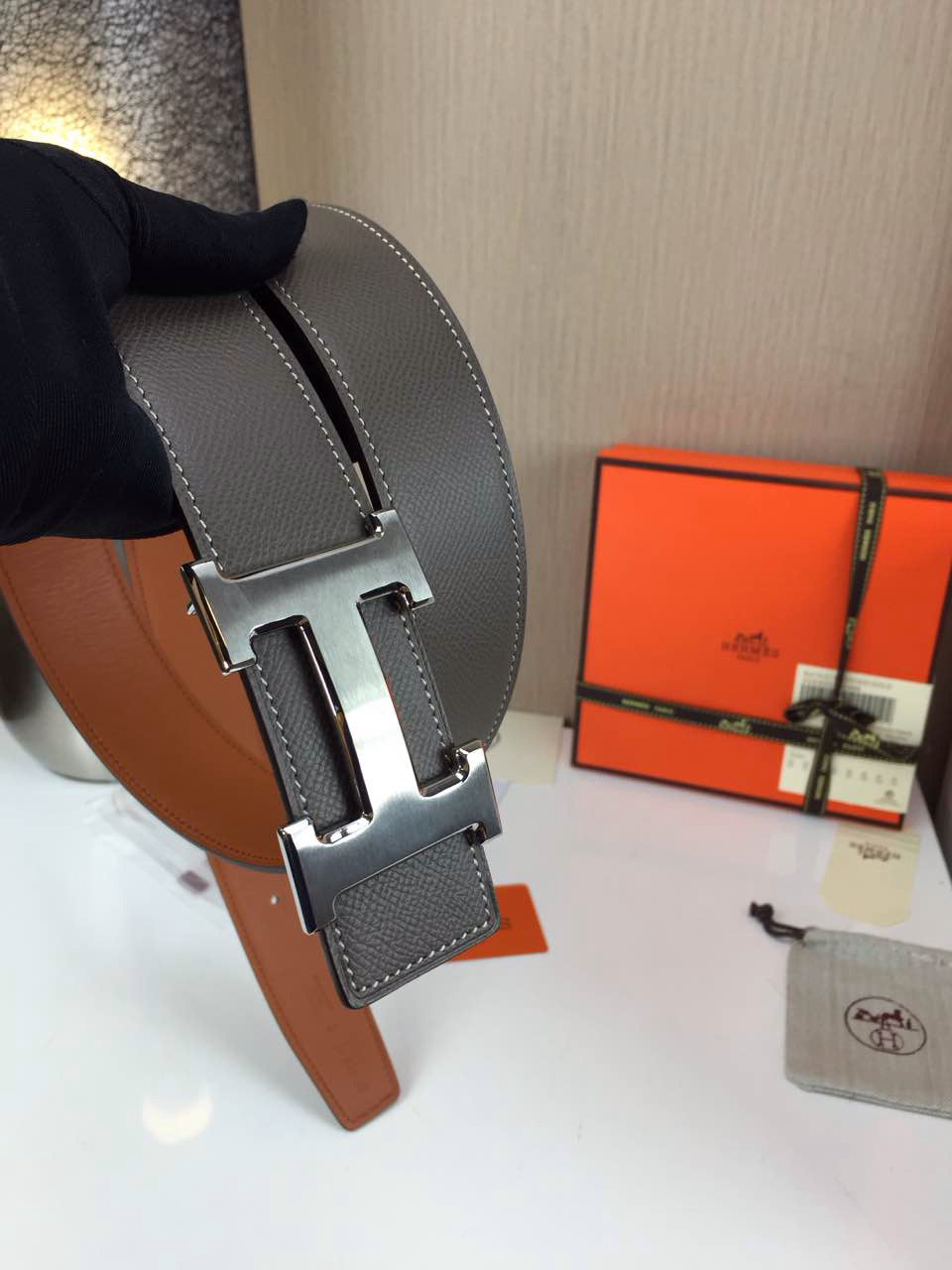 Hermes calfskin four horns brushed gold belt grey and orange Mens 3.8CM wide