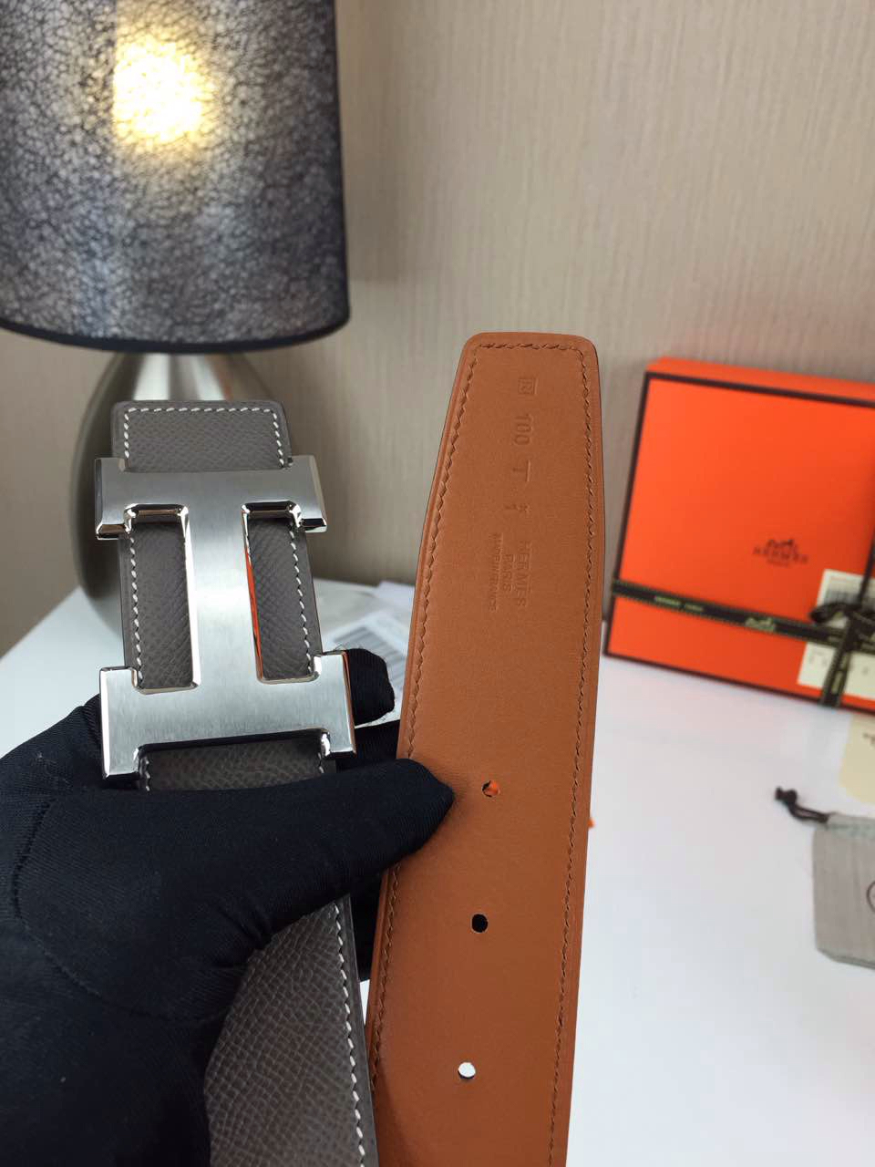 Hermes calfskin four horns brushed gold belt grey and orange Mens 3.8CM wide