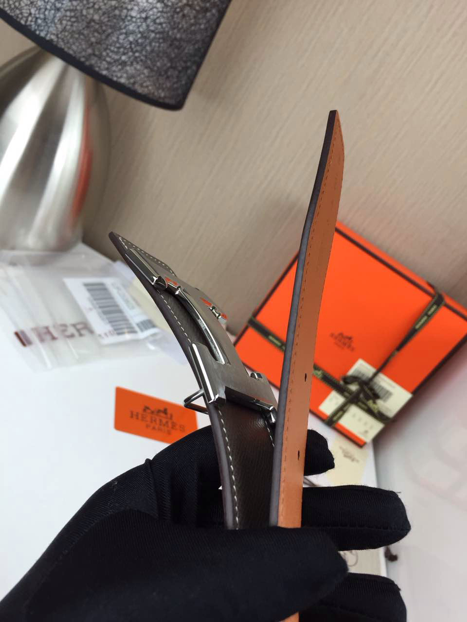 Hermes calfskin four horns brushed gold belt grey and orange Mens 3.8CM wide