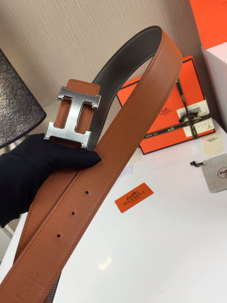 Hermes calfskin four horns brushed gold belt grey and orange Mens 3.8CM wide