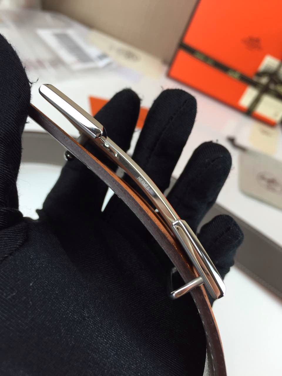 Hermes calfskin four horns brushed gold belt grey and orange Mens 3.8CM wide