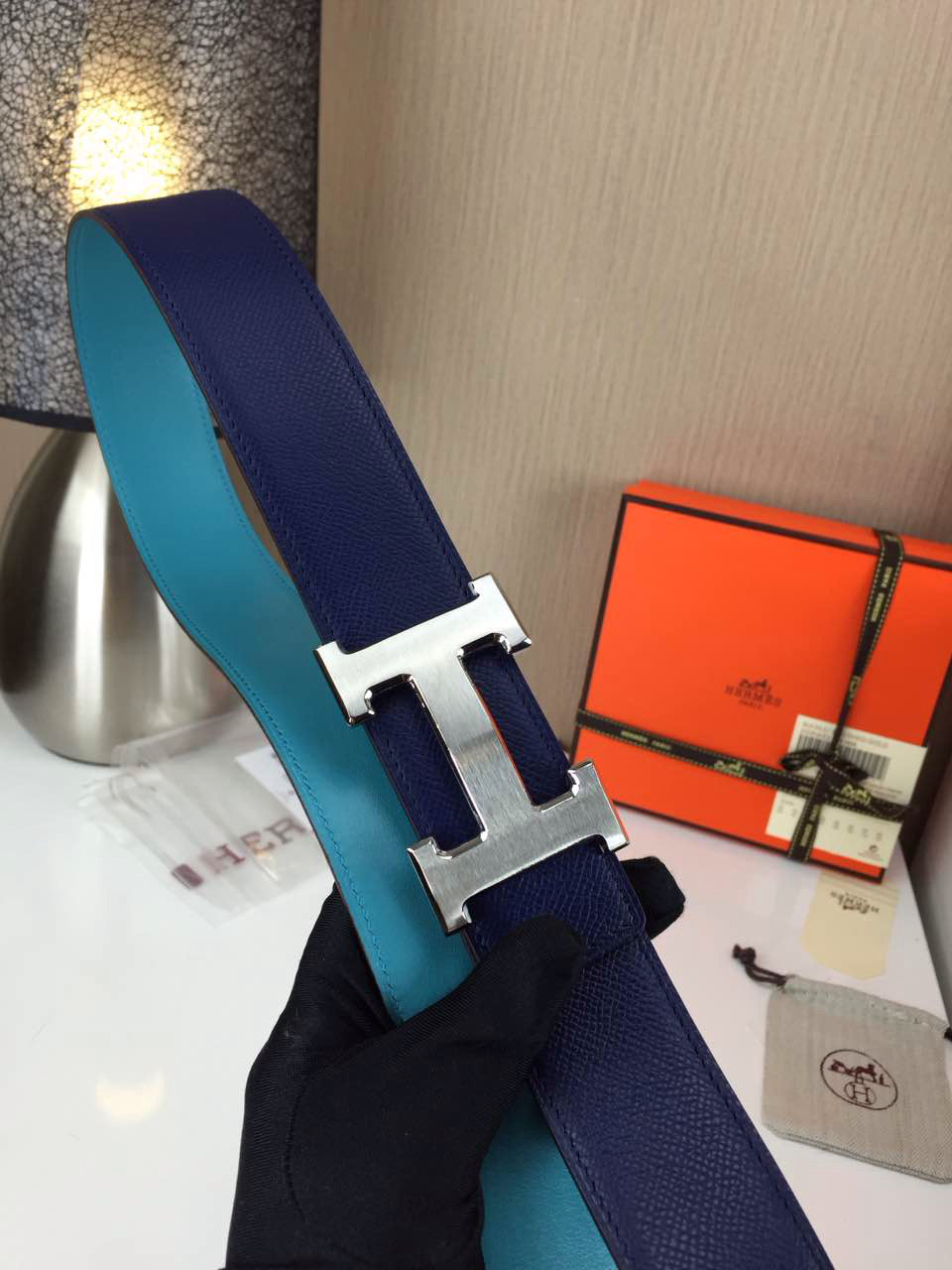 Hermes calfskin four horns brushed gold belt blue and sky blue Mens 3.8CM wide