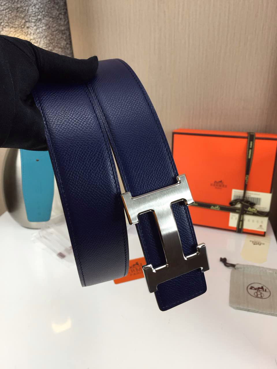 Hermes calfskin four horns brushed gold belt blue and sky blue Mens 3.8CM wide
