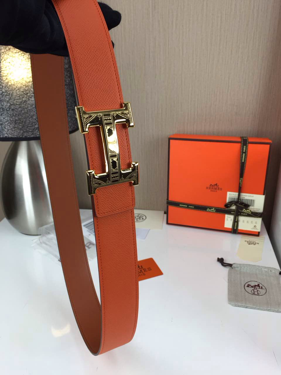 Hermes calfskin four horns brushed gold belt blue and sky blue Mens 3.8CM wide