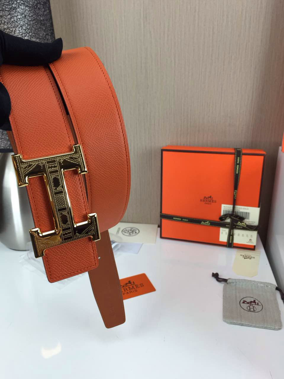 Hermes Men’s Carved buckle Khaki and orange 3.8CM wide
