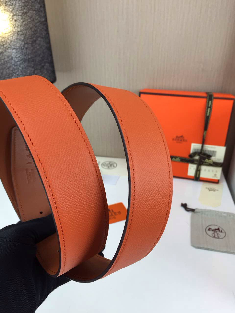 Hermes Men’s Carved buckle Khaki and orange 3.8CM wide