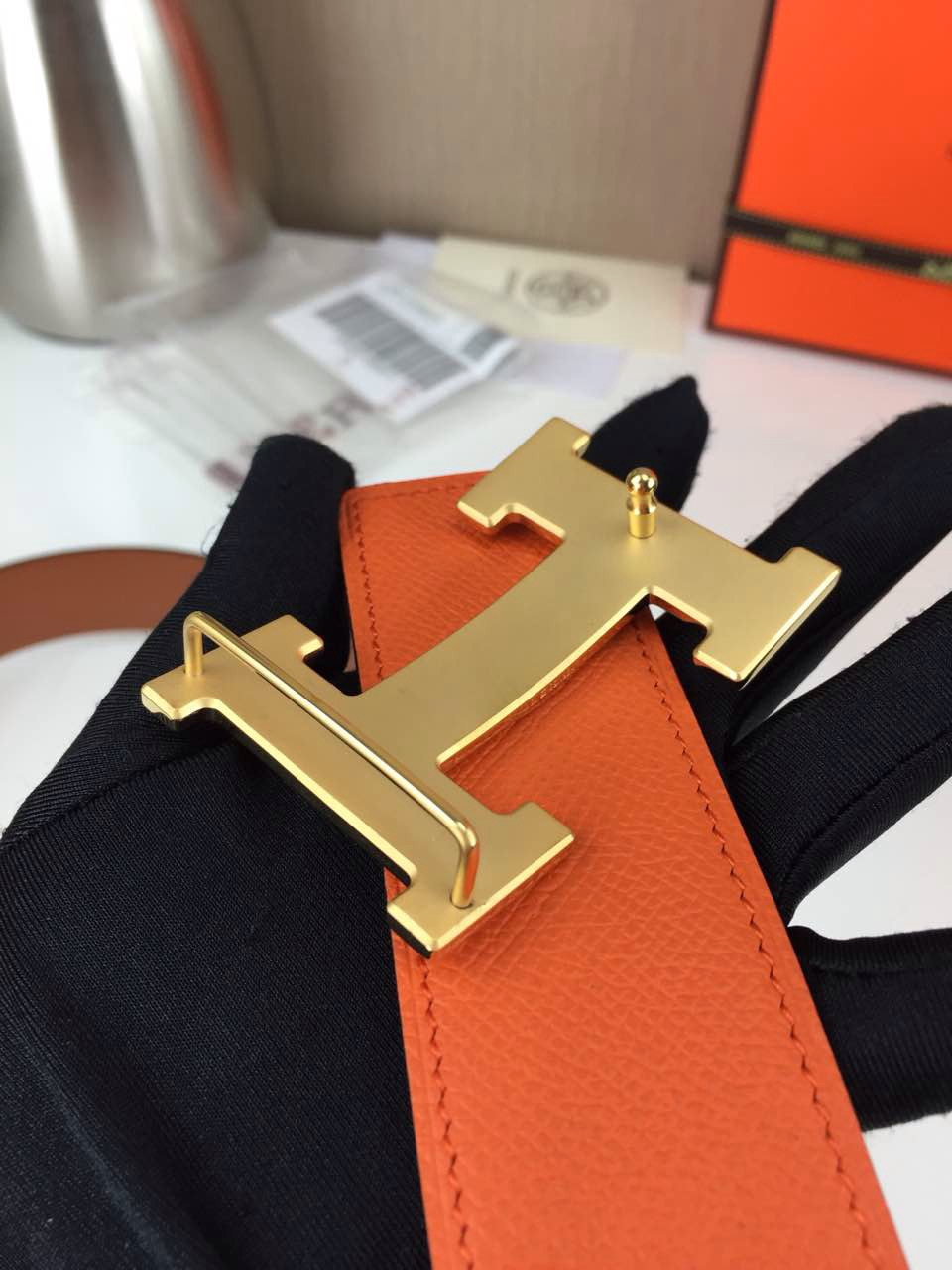 Hermes Men’s Carved buckle Khaki and orange 3.8CM wide