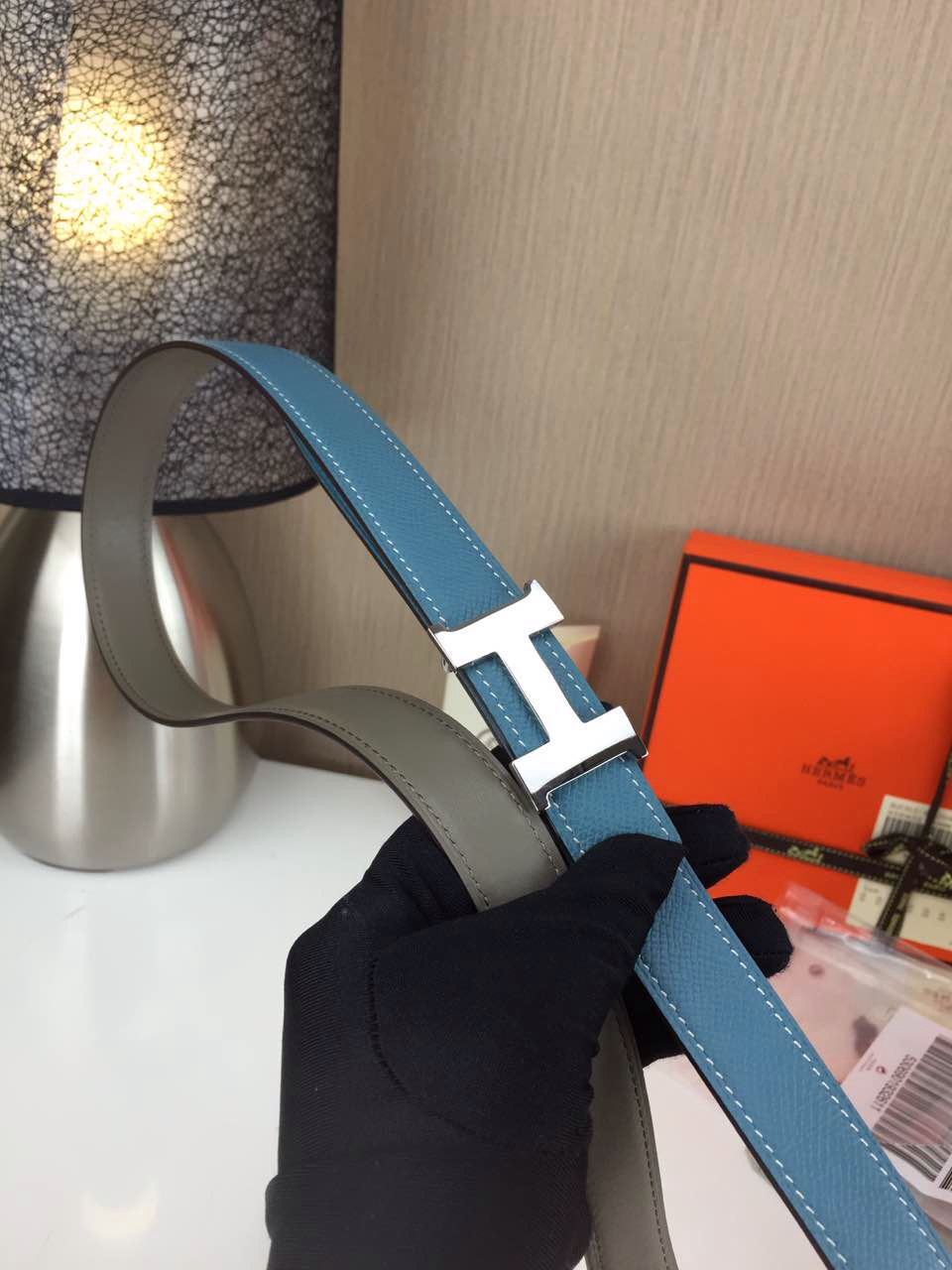 Hermes Women’s Palm prints with ice blue and Plain with grey 2.5CM wide