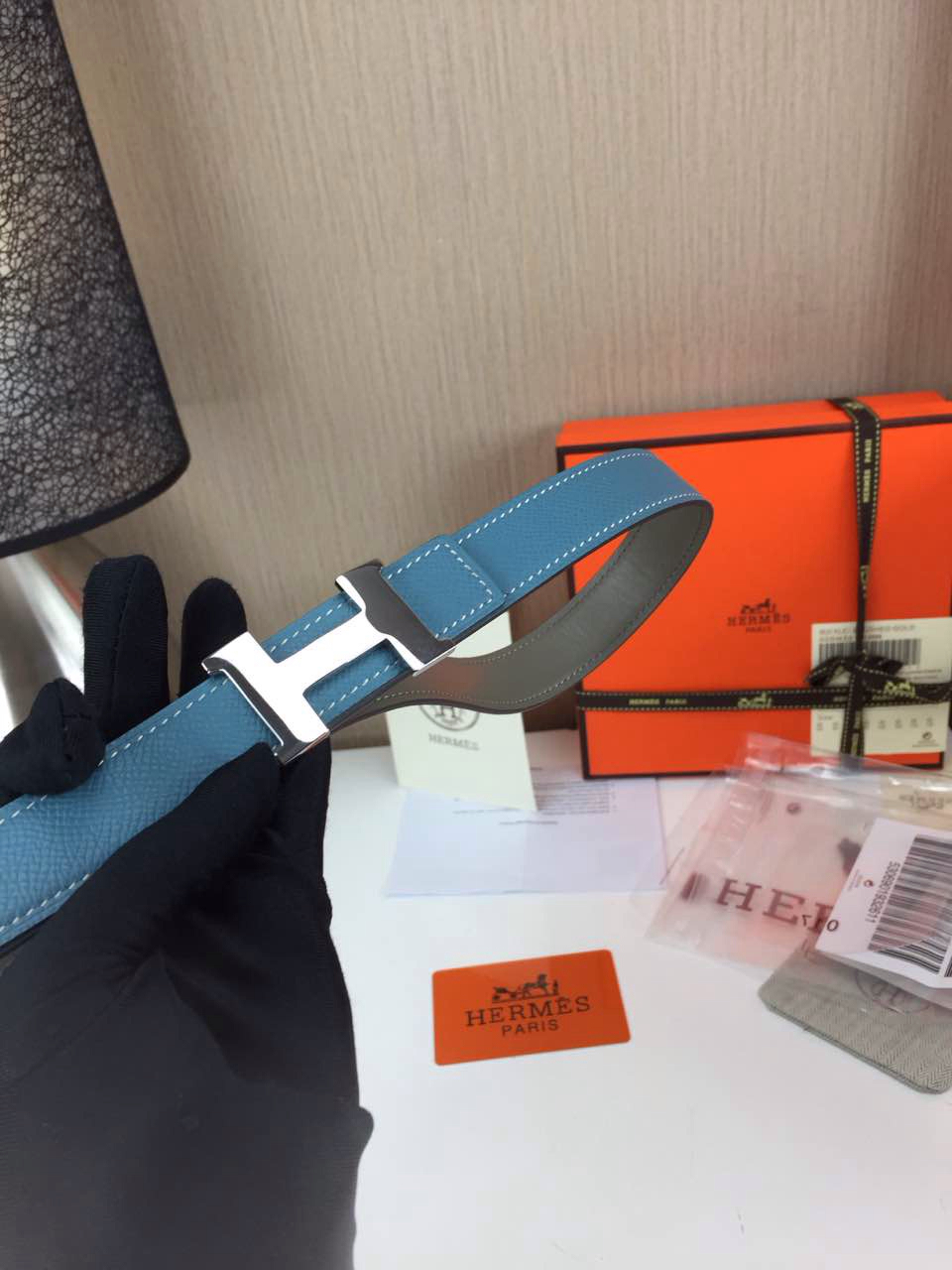 Hermes Women’s Palm prints with ice blue and Plain with grey 2.5CM wide