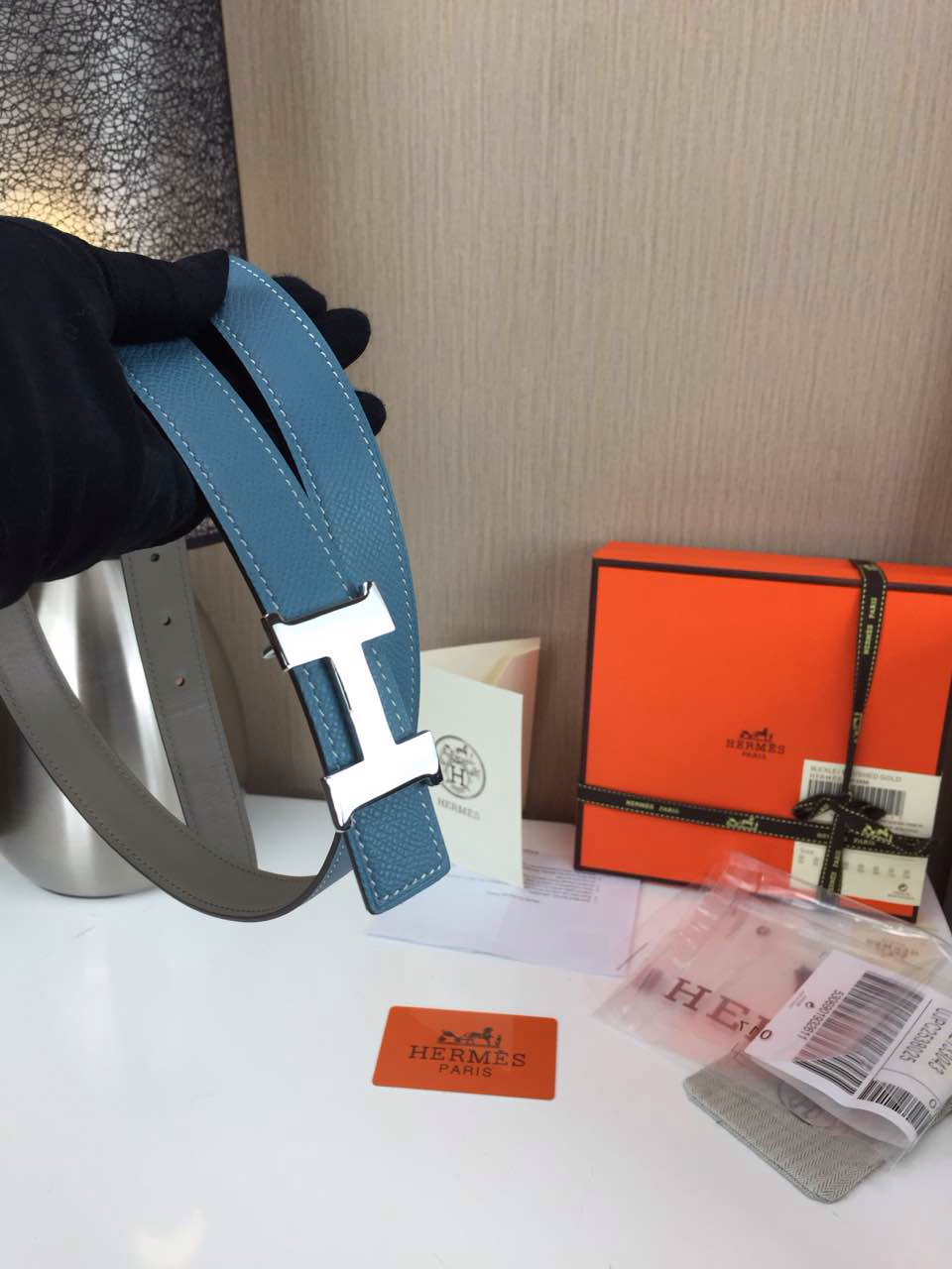 Hermes Women’s Palm prints with ice blue and Plain with grey 2.5CM wide