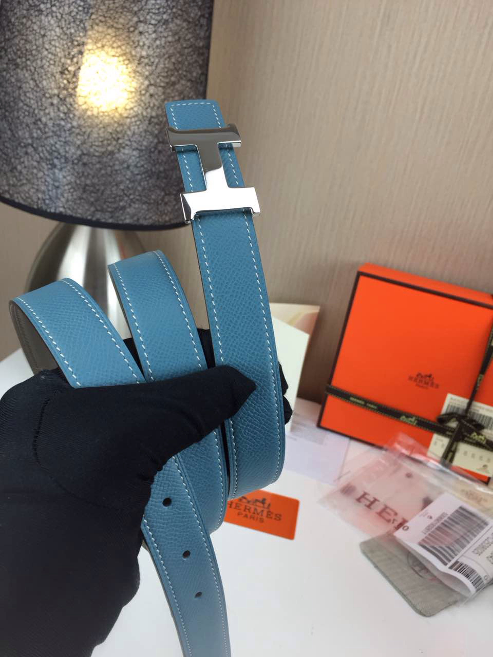 Hermes Women’s Palm prints with ice blue and Plain with grey 2.5CM wide