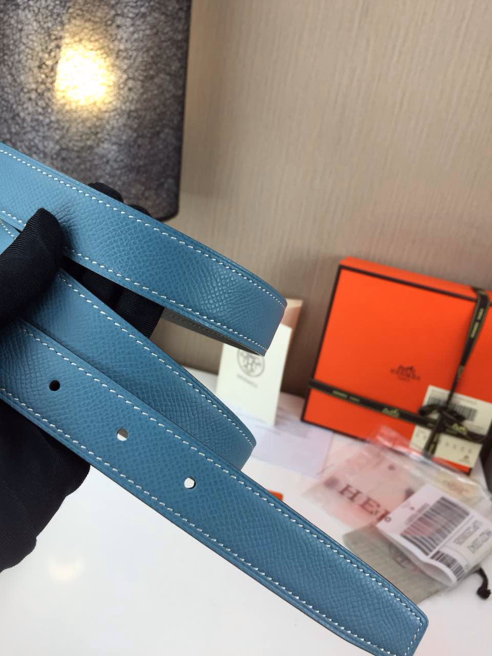 Hermes Women’s Palm prints with ice blue and Plain with grey 2.5CM wide