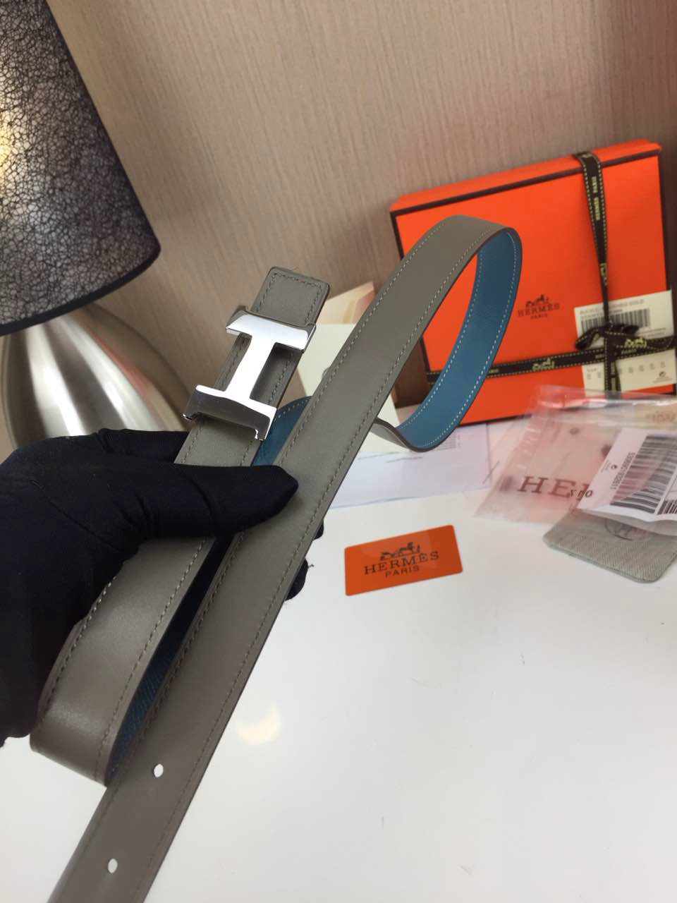 Hermes Women’s Palm prints with ice blue and Plain with grey 2.5CM wide