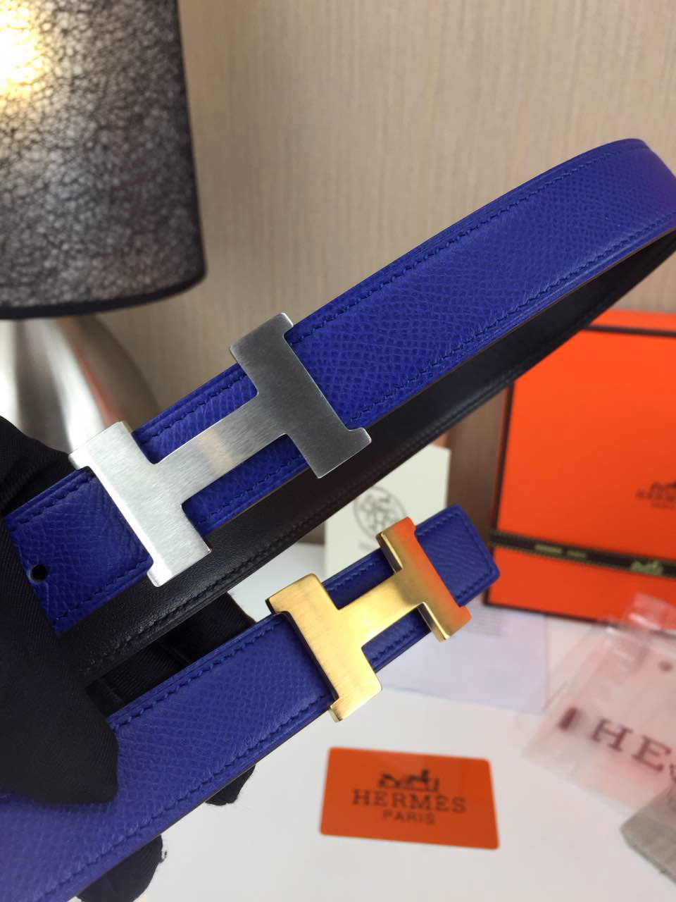 Hermes Women’s Palm prints with blue and Plain with black 2.5CM wide