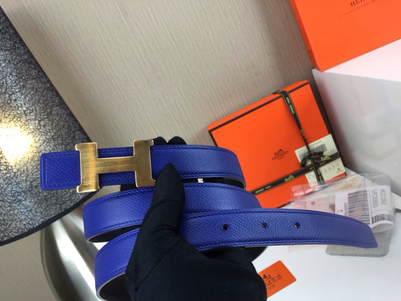 Hermes Women’s Palm prints with blue and Plain with black 2.5CM wide