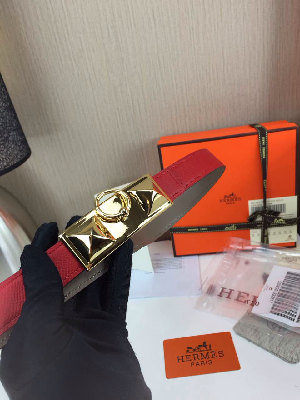 Hermes Women’s Trunk buckle Palm prints with red and Plain with grey 2.5CM