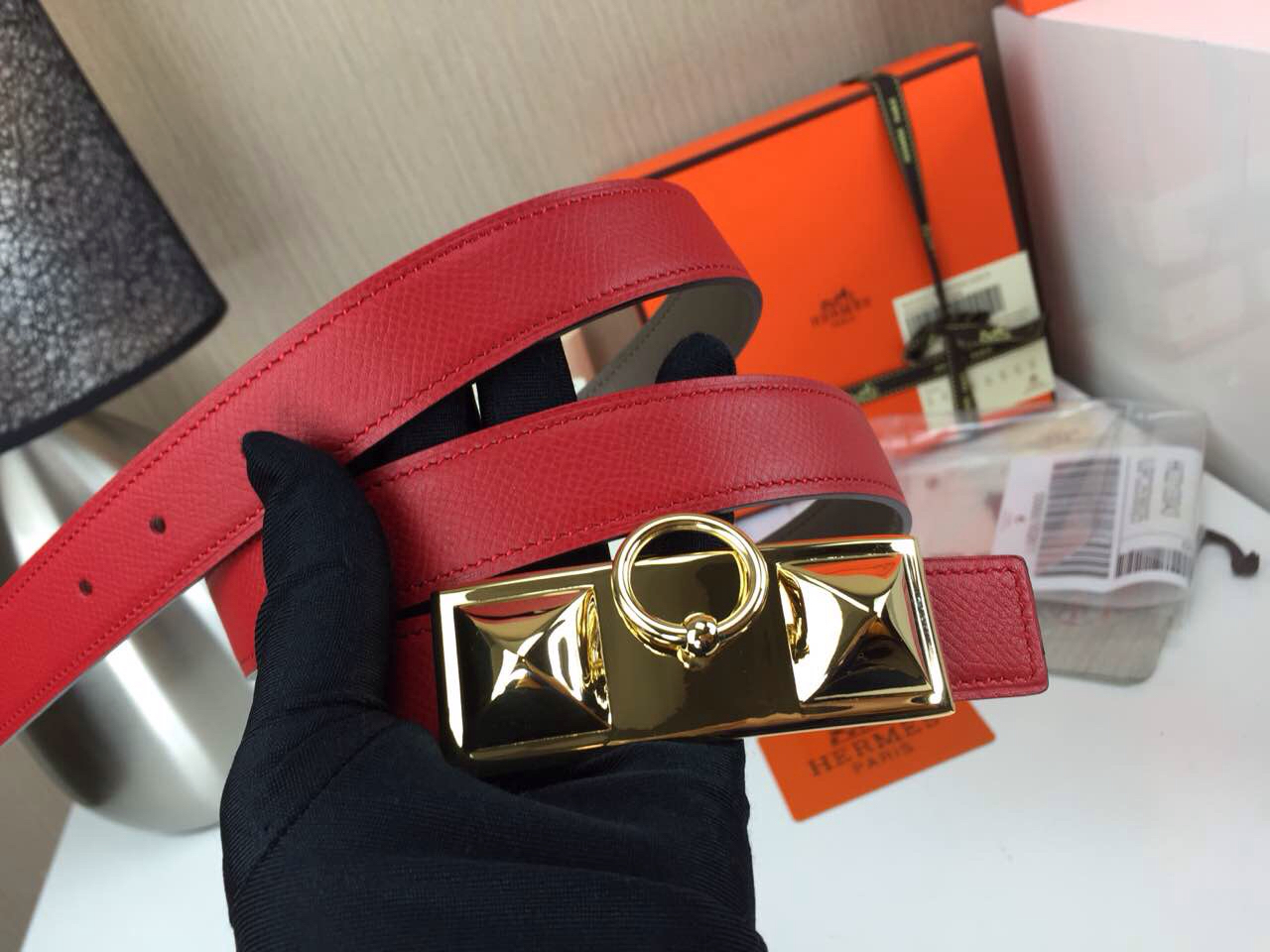 Hermes Women’s Trunk buckle Palm prints with red and Plain with grey 2.5CM