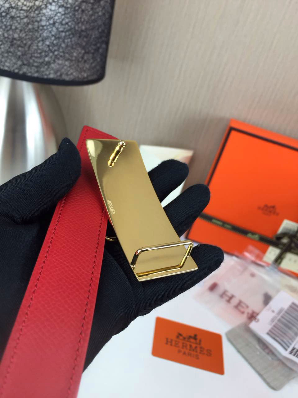 Hermes Women’s Trunk buckle Palm prints with red and Plain with grey 2.5CM