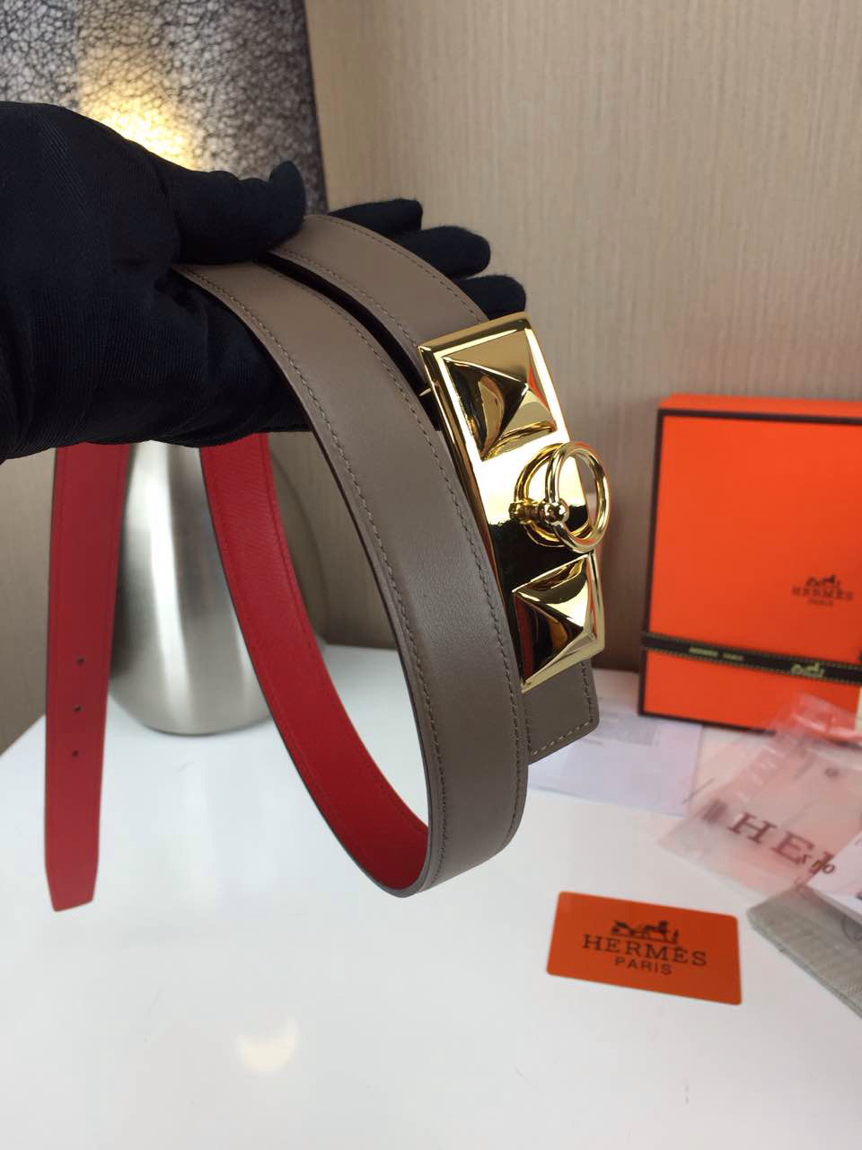 Hermes Women’s Trunk buckle Palm prints with red and Plain with grey 2.5CM