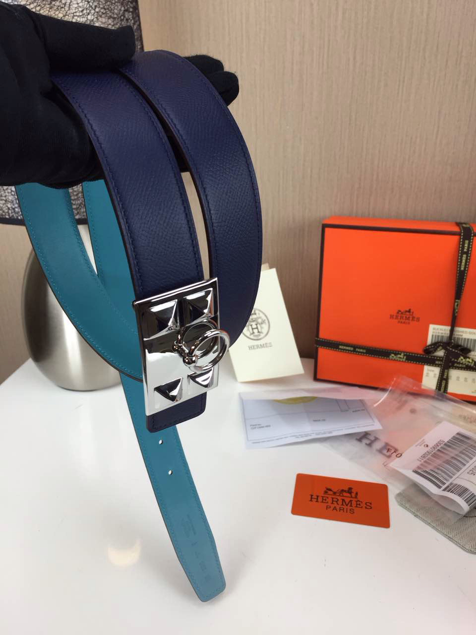 Hermes Women’s Trunk buckle Palm prints with blue and Plain with sky blue 2.5CM