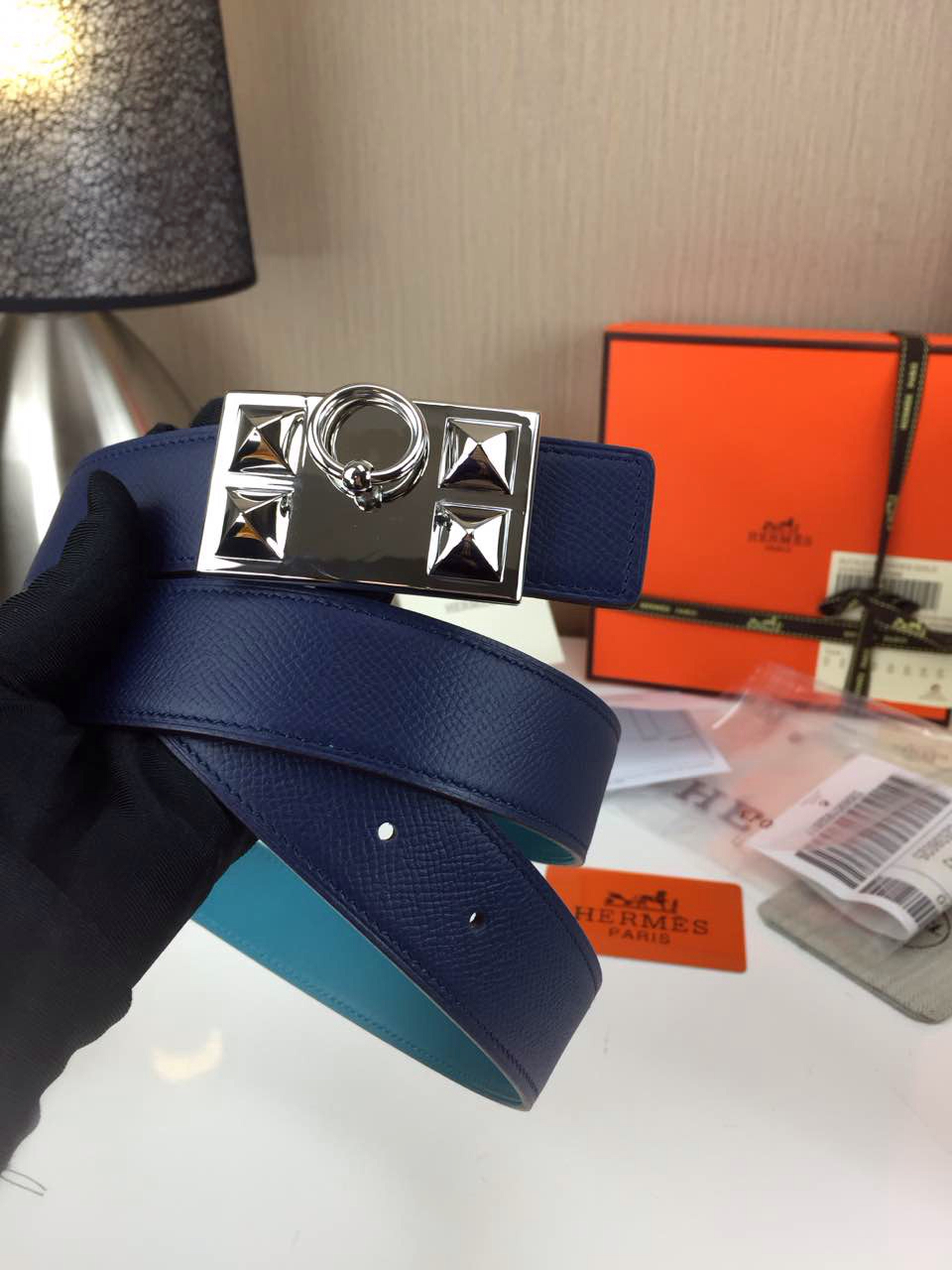 Hermes Women’s Trunk buckle Palm prints with blue and Plain with sky blue 2.5CM