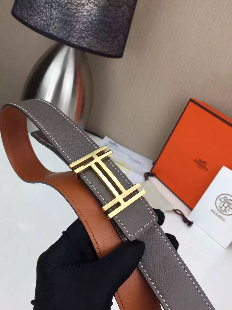 Hermes belt Wholesale Stainless steel gold buckle with gray palm print Many colors available