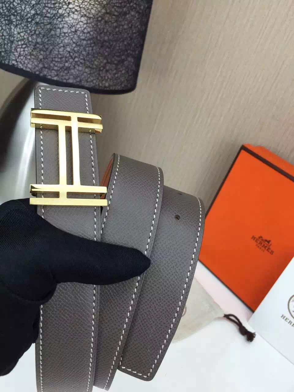 Hermes belt Wholesale Stainless steel gold buckle with gray palm print Many colors available