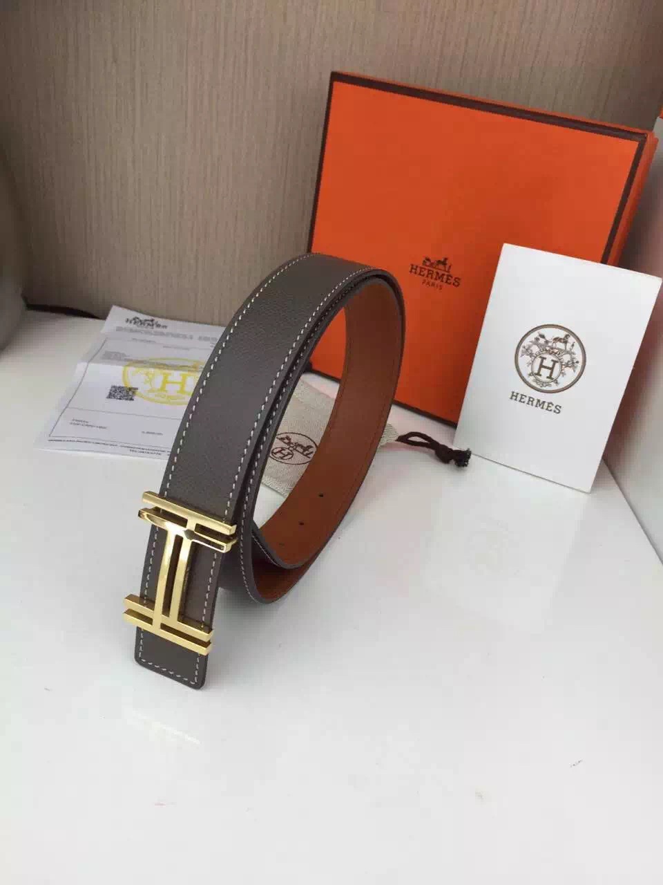 Hermes belt Stainless steel gold buckle with gray palm print Many