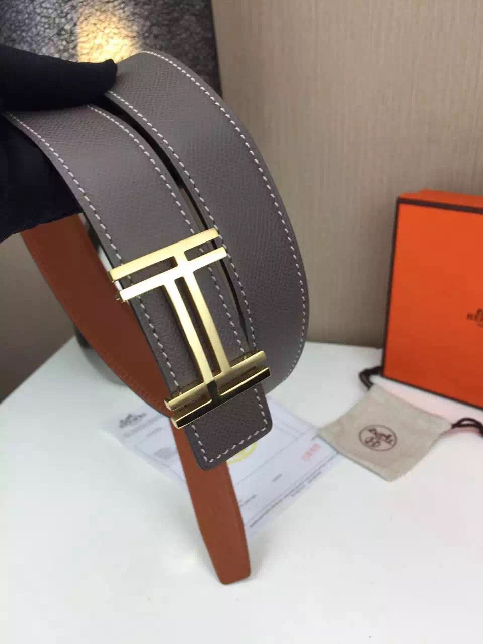 Hermes belt Wholesale Stainless steel gold buckle with gray palm print Many colors available