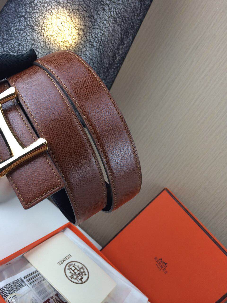 Hermes belt Togo leather Chicken leg buckle Dark brown