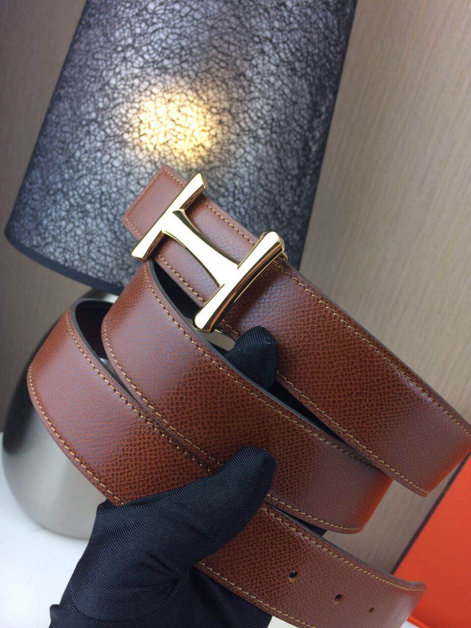 Hermes belt Togo leather Chicken leg buckle Dark brown