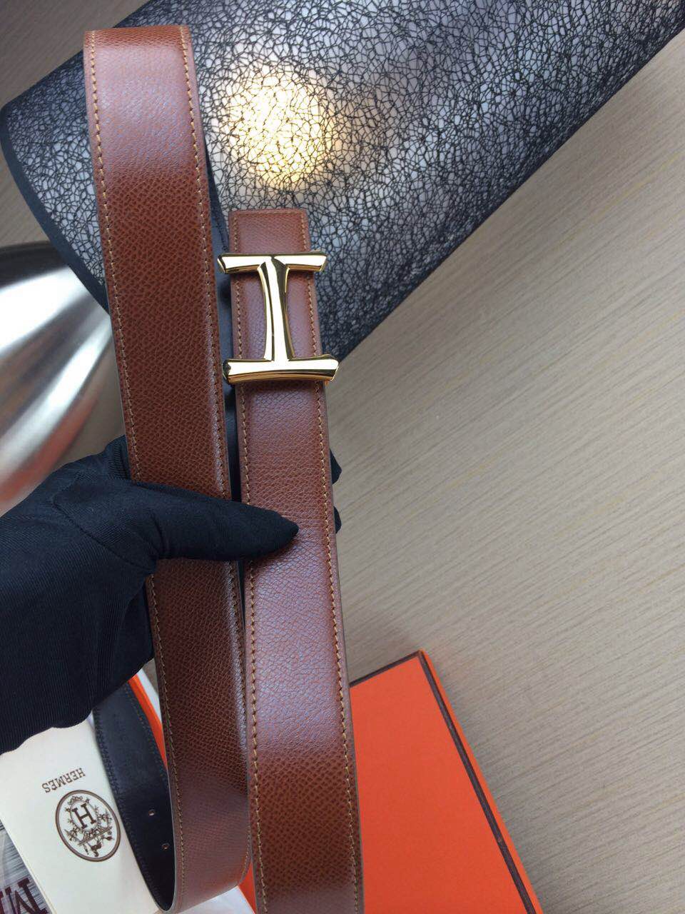 Hermes belt Togo leather Chicken leg buckle Dark brown