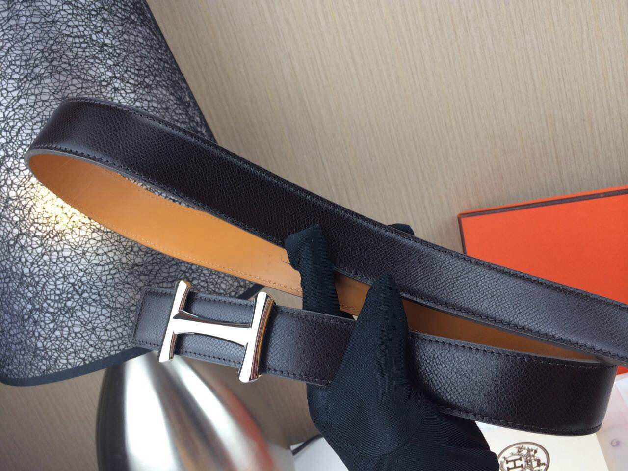 Hermes belt Togo leather Chicken leg buckle Black