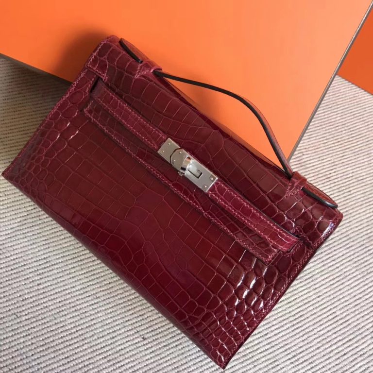 Hermes F5 Bourgogne Red Shiny  Crocodile Leather Minikelly Bag  22cm