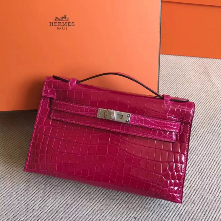 Hermes Pink Shiny Crocodile Leather Minikelly Bag 22cm