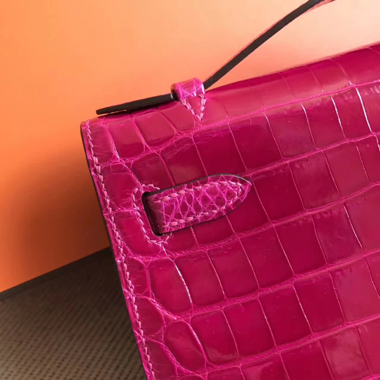 New Pretty Hermes Hot Pink Shiny Crocodile Leather Minikelly Bag22cm