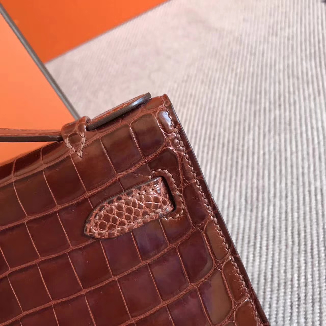 Discount Hermes Brown Shiny Crocodile Leather Minikelly Pochette 22CM