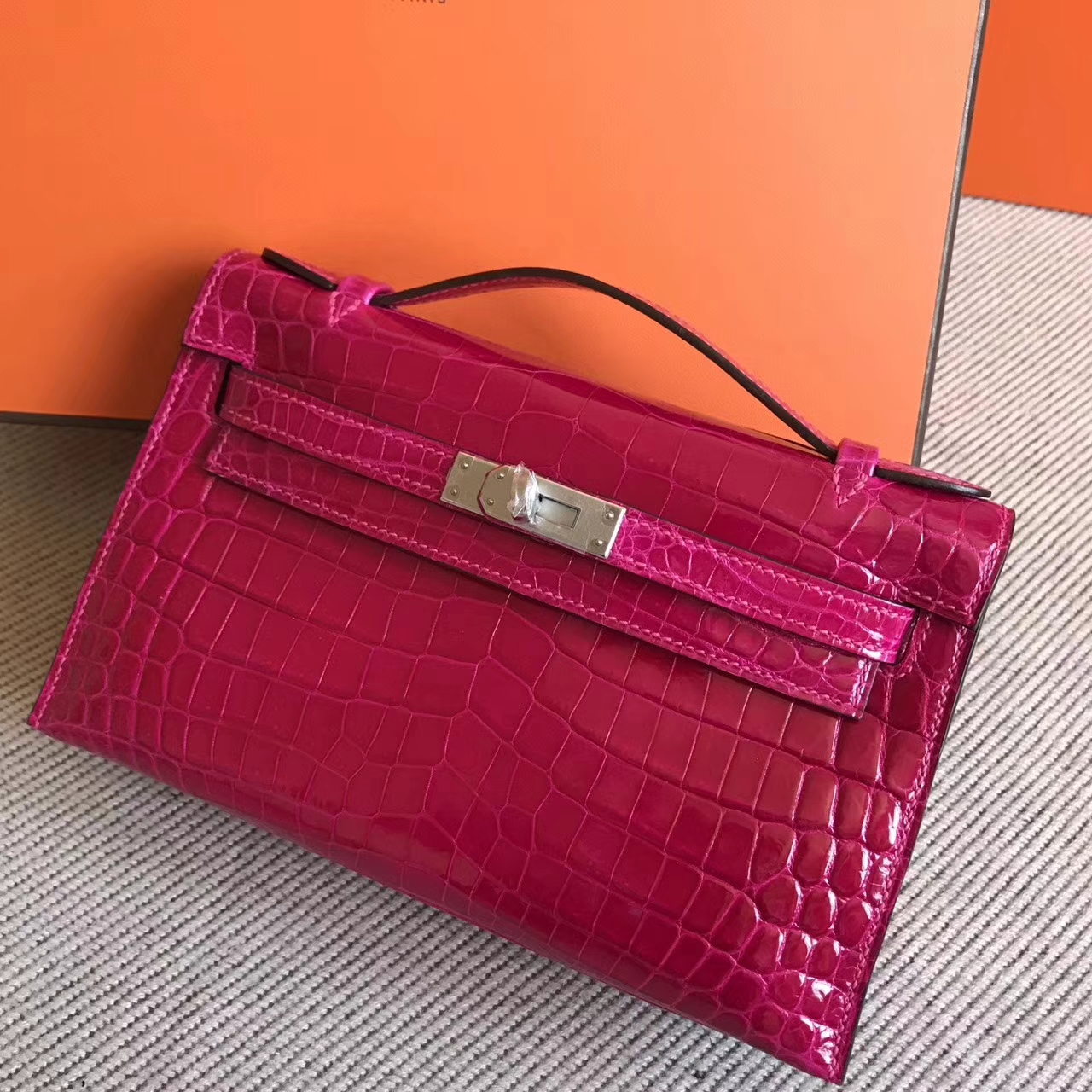 Hermes Minikelly Clutch Bag in J5 Rose Scheherazade Crocodile Leather Silver Hardware