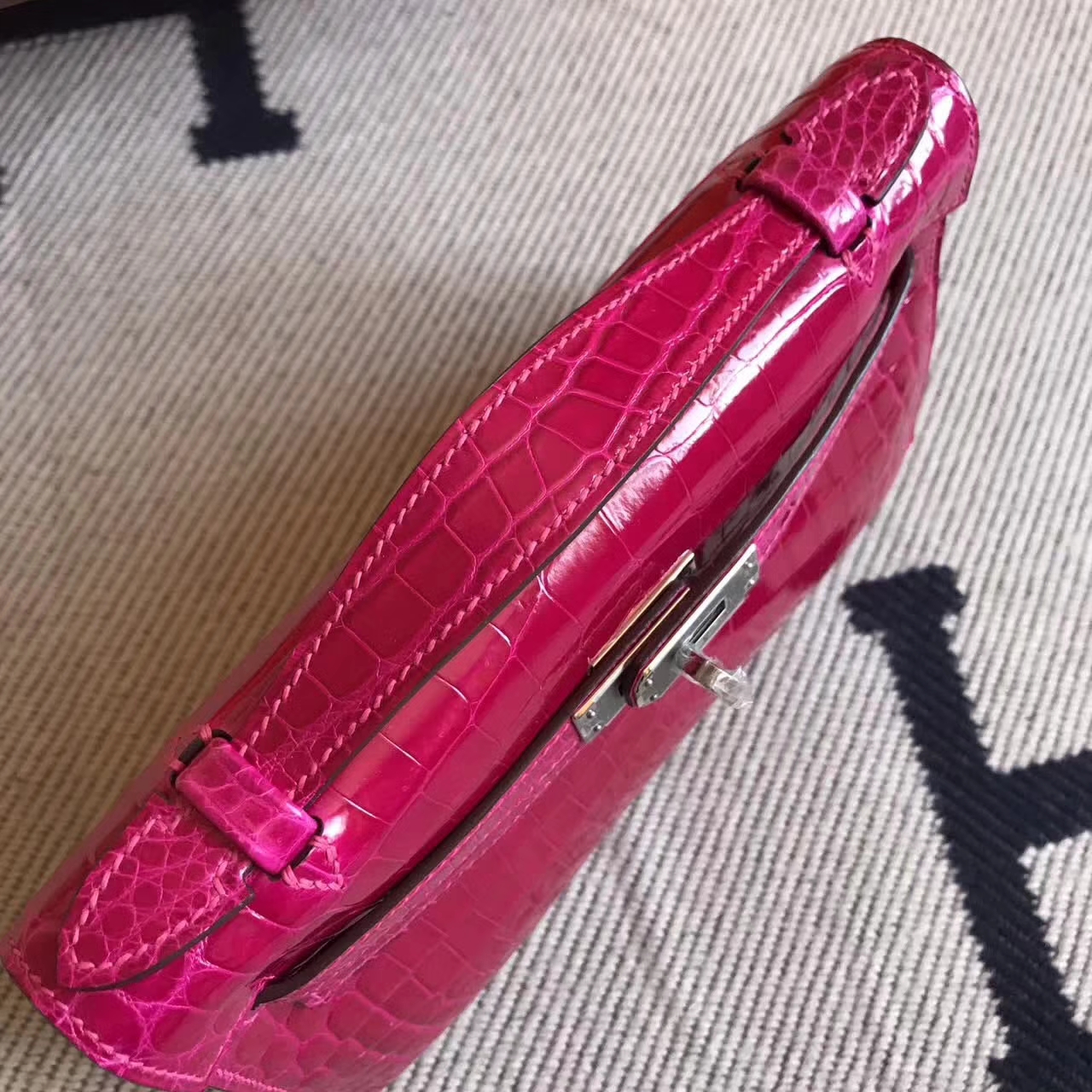 Hermes Minikelly Clutch Bag in J5 Rose Scheherazade Crocodile Leather Silver Hardware