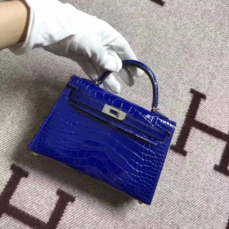 Hermes 7T Blue Electric Crocodile Shiny Leather Minikelly-2 Clutch Bag
