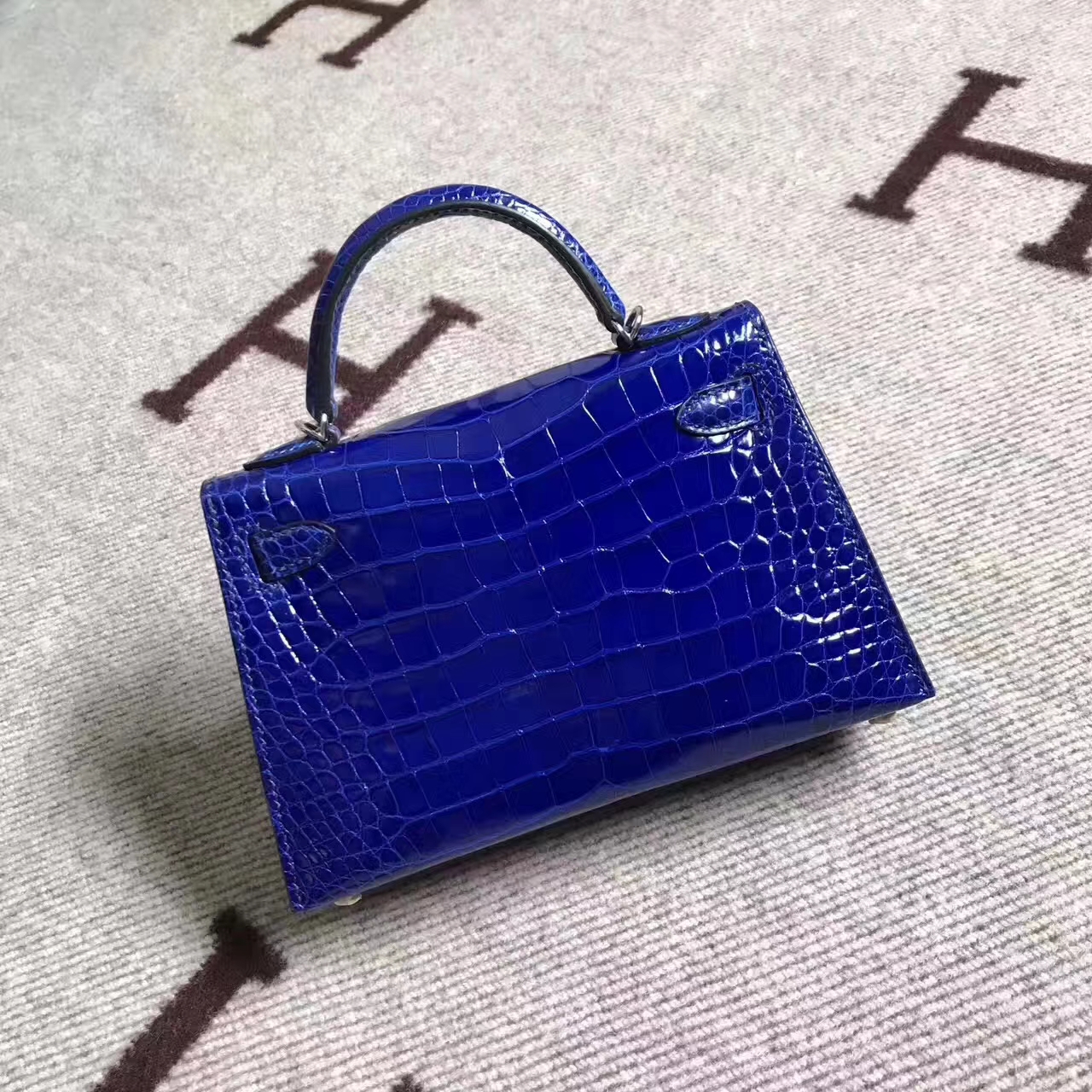 Hot Sale Hermes 7T Blue Electric Crocodile Shiny Leather Minikelly-2 Clutch Bag