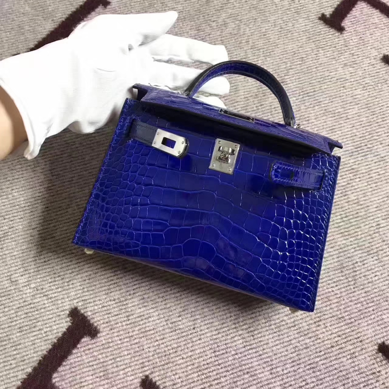 Hot Sale Hermes 7T Blue Electric Crocodile Shiny Leather Minikelly-2 Clutch Bag