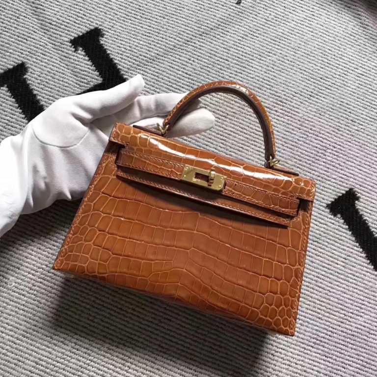 Hermes Amber Crocodile Shiny Leather Minikelly-2 Clutch Handbag