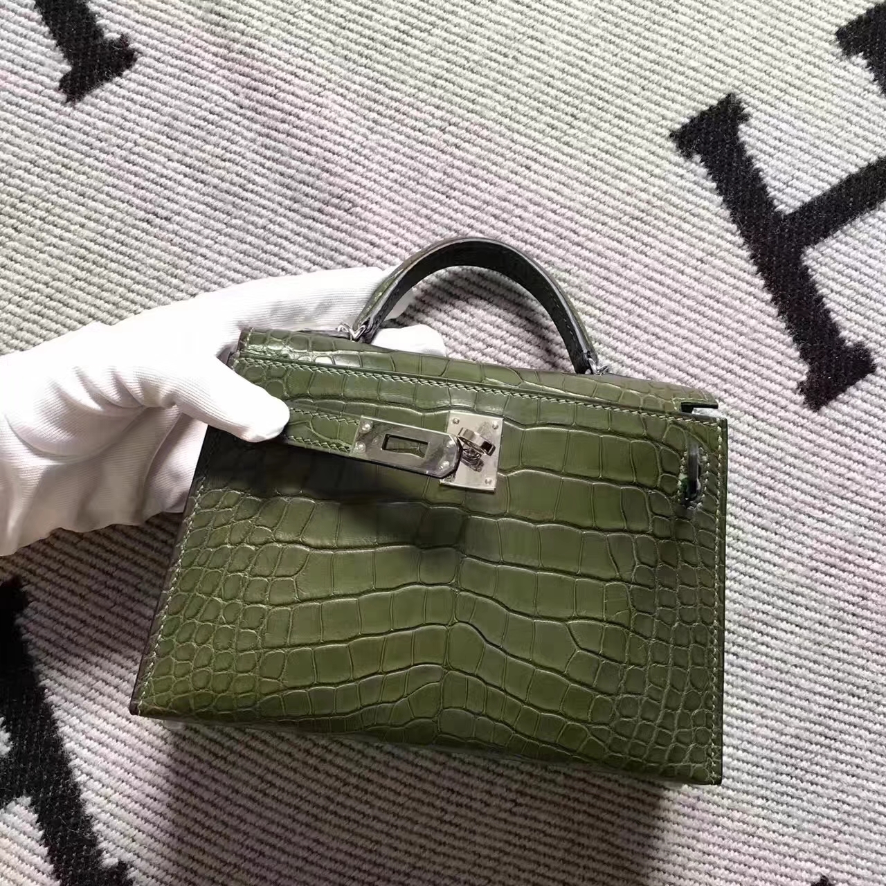 Hand Stitching Hermes Olive Green Crocodile Shiny Leather Minikelly-2 Clutch Bag