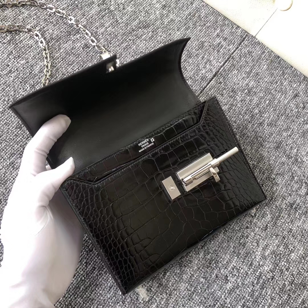 Customize Hermes CK89 Noir Shiny Crocodile Verrou Bag17.5cm Silver Hardware