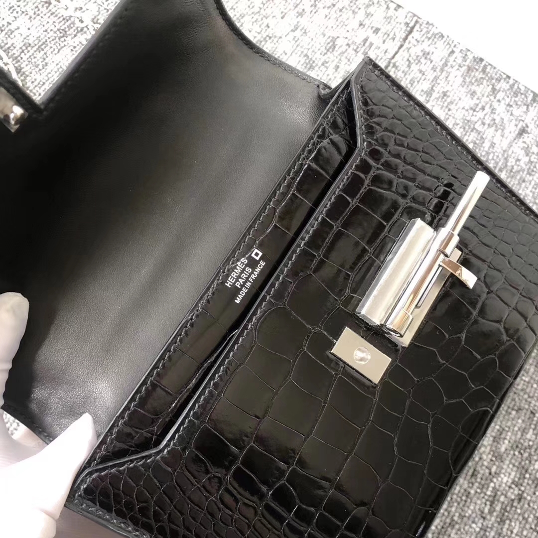 Customize Hermes CK89 Noir Shiny Crocodile Verrou Bag17.5cm Silver Hardware